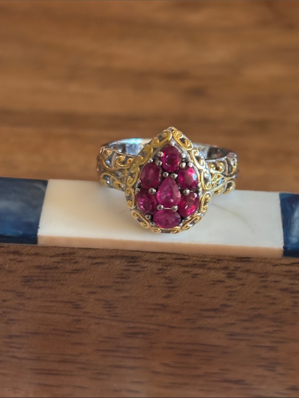 Preloved Sterling Silver and Burmese Ruby Pear Shaped Cluster Ring SZ 9